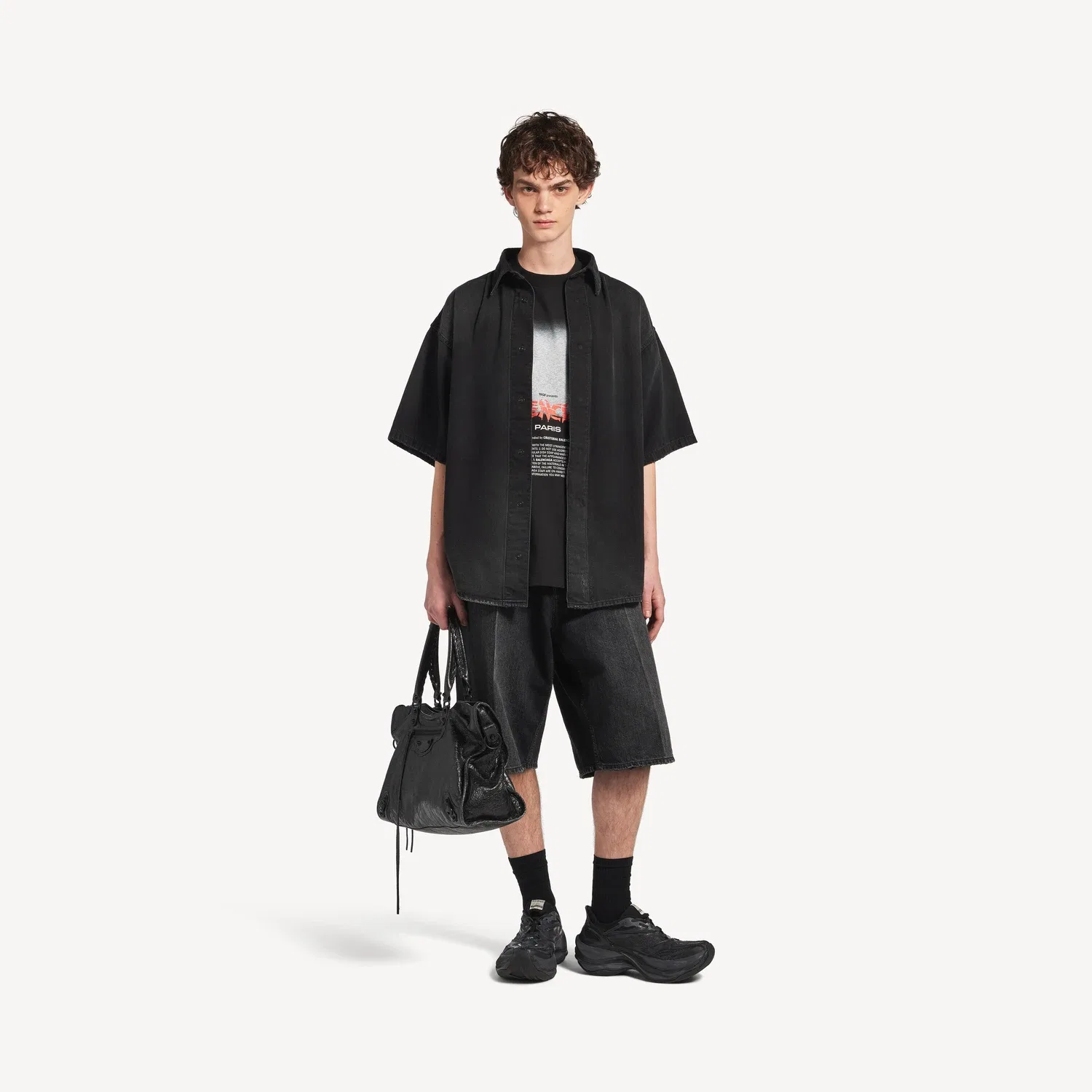 BALENCIAGA Мужская джинсовая рубашка The Door с коротким рукавом гибридного кроя, черная — фото 2