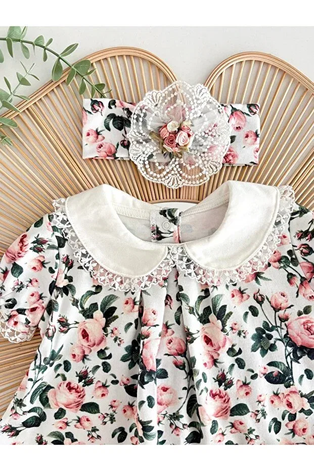 Детское платье для девочек с принтом Floral 100% Cotton Combed Cotton Lace Baby Girl Panty Summer Short Sleeve Dress Bandana Set Newborn Jammybaby, Çok Renkli — фото 3