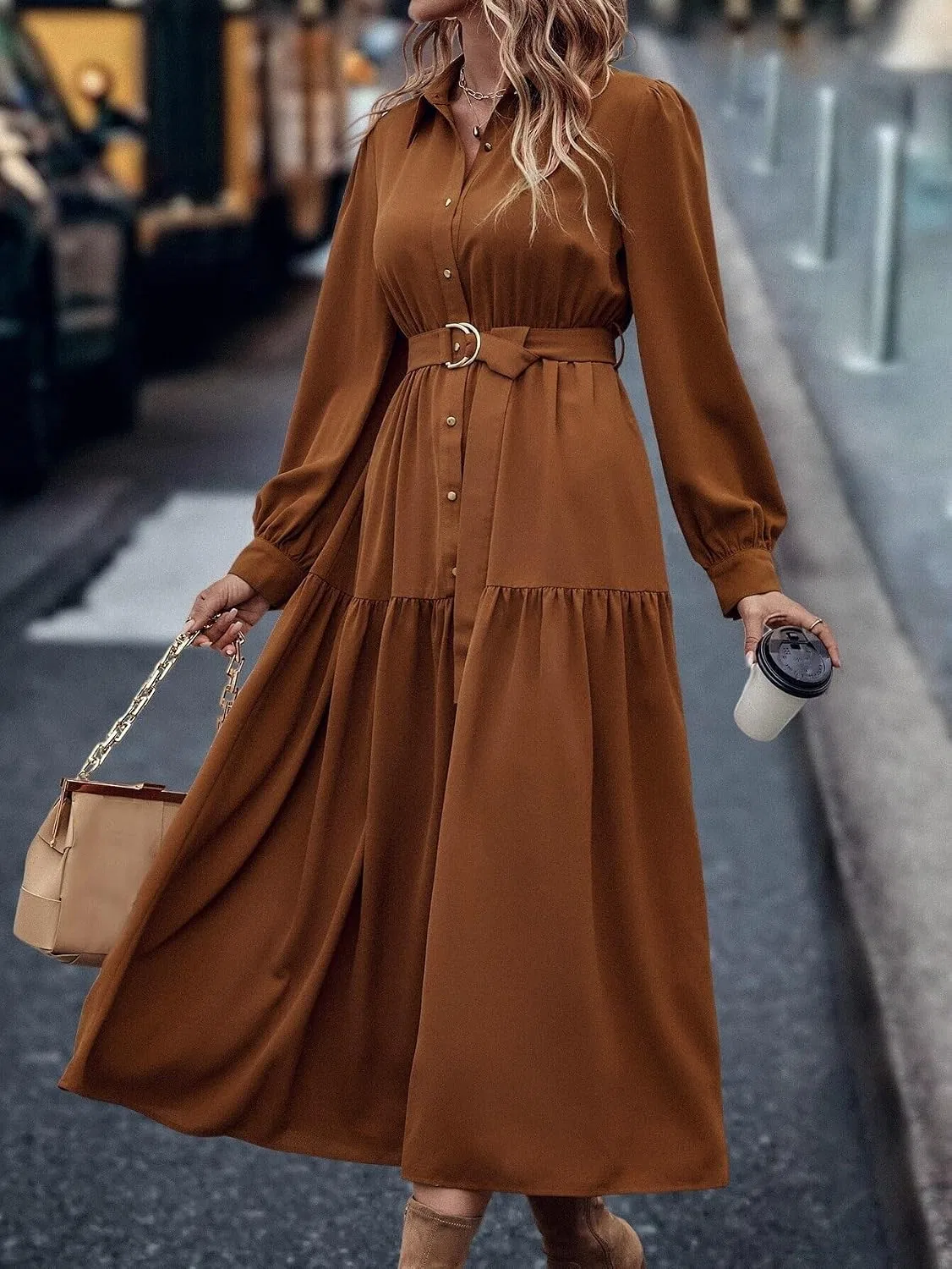 Женское платье-рубашка расклешенное миди с поясом, Brown — фото 2