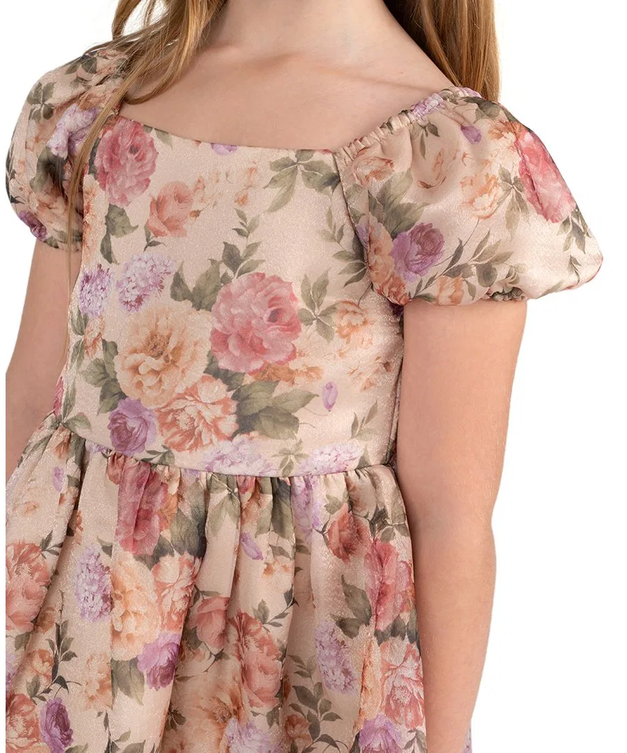 Платье с принтом из шиммерной органзы с пышными рукавами Floral Print Shimmer Organza Puff Sleeve Dress Rare Editions, Taupe — фото 2