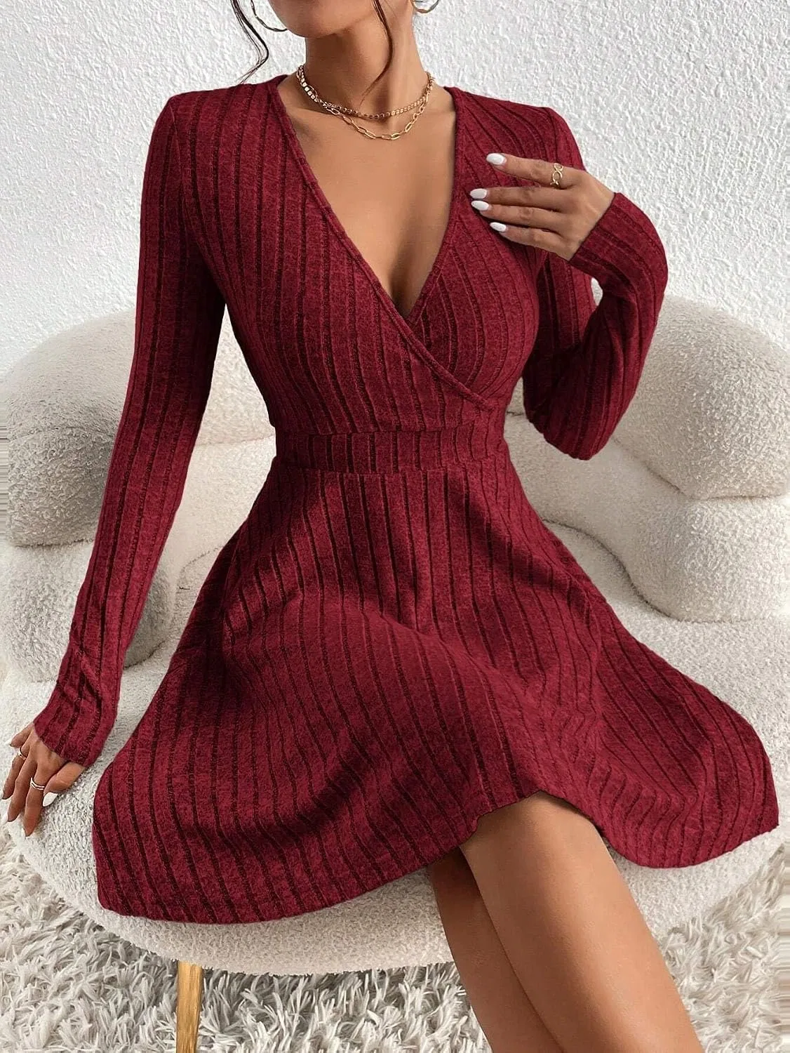 Женское платье А-силуэта с V-образным вырезом, Rib-Knit, Burgundy — фото 4