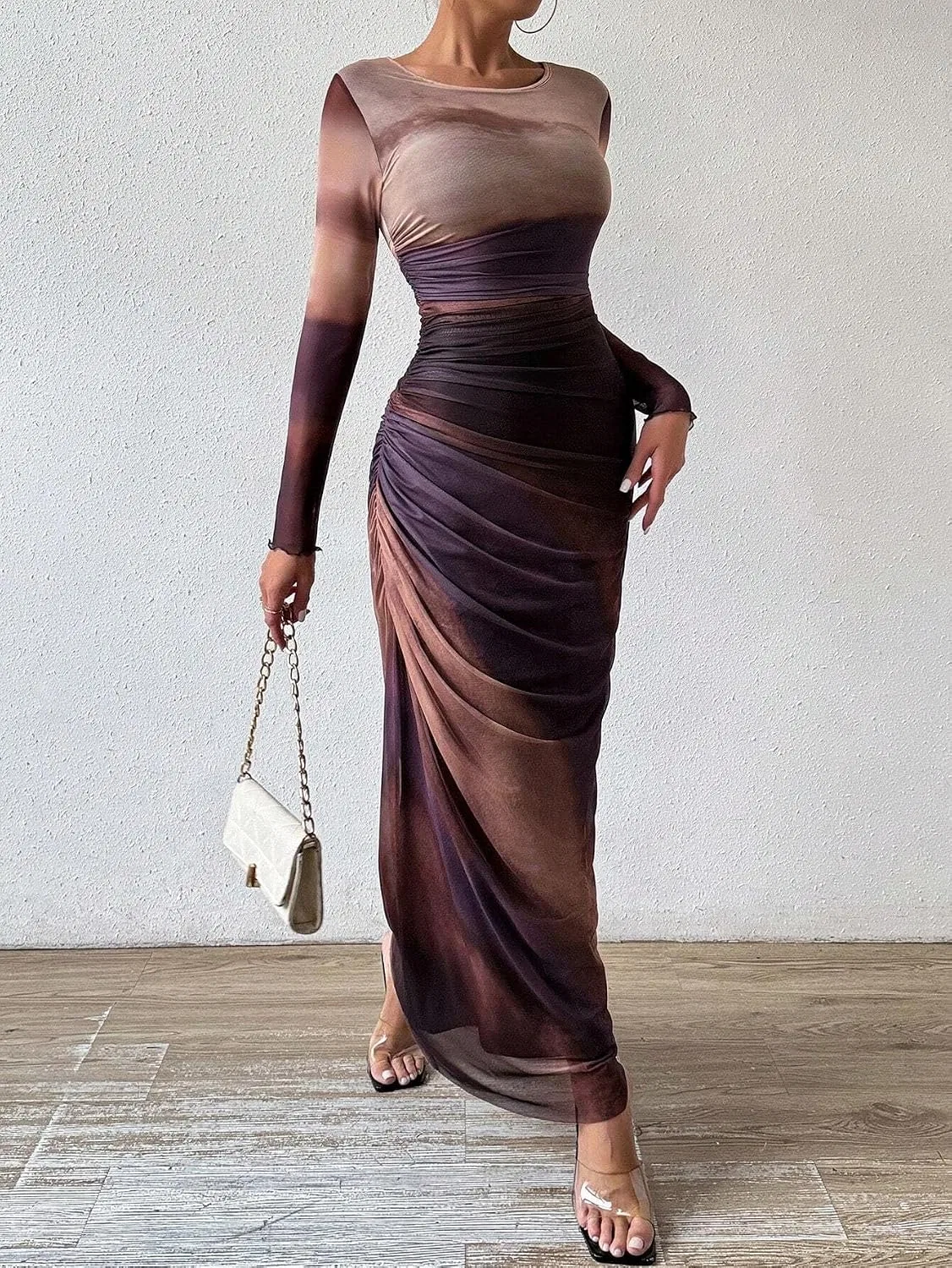 Женское платье макси с длинным рукавом Bodycon, Maroon — фото 2