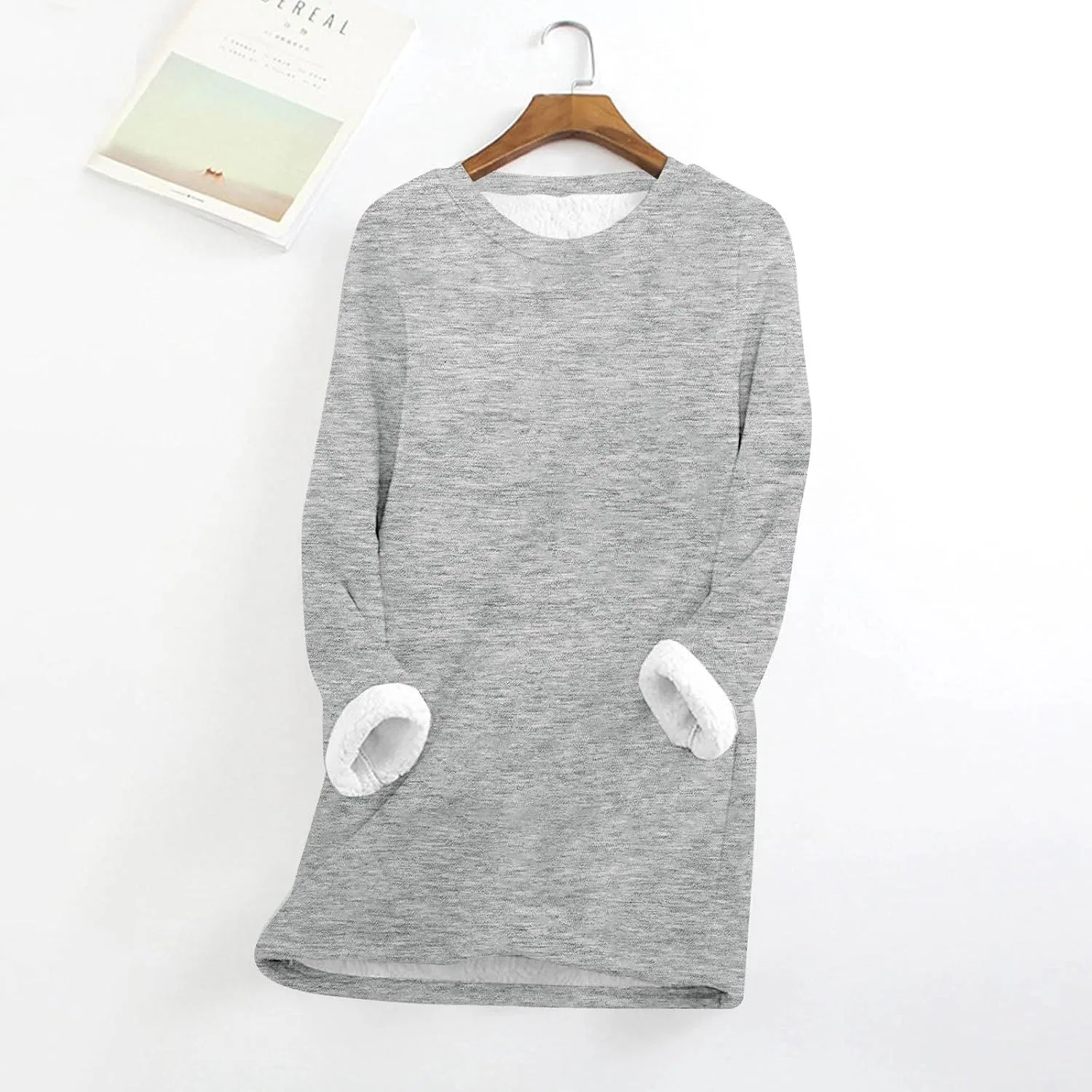 Женский свитшот свободного кроя с флисом и подкладкой из шерпы Long Sleeve Winter Pullover, светло-серый — фото 2