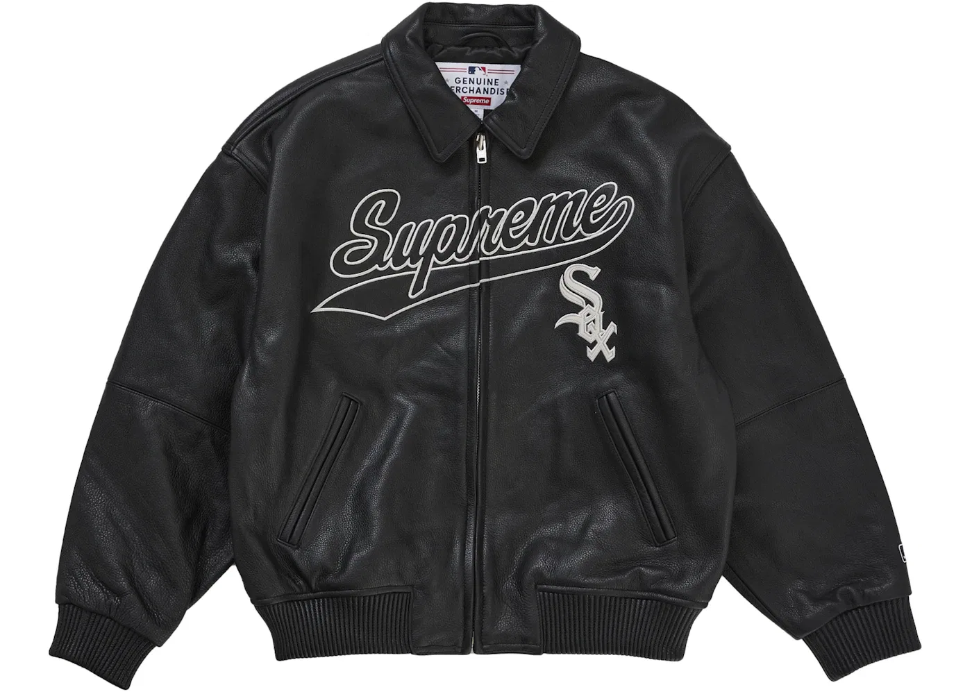 Мужская кожаная бейсбольная куртка Supreme Chicago White Sox Jacket, Black