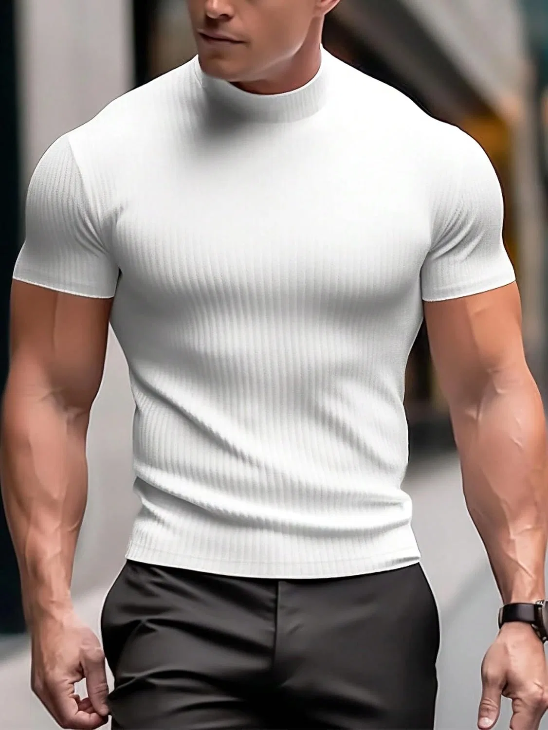 Мужская футболка с воротником-стойкой Ribbed Short Sleeve, White — фото 2