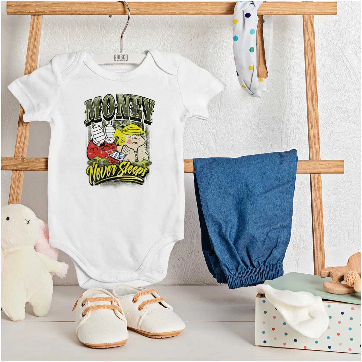 Детское боди с коротким рукавом Dennis the Menace Money Never Sleeps Brisco Brands, White — фото 3
