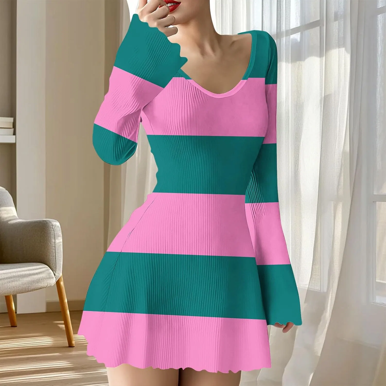 Женское полосатое трикотажное платье мини A-силуэта, Hot Pink — фото 2