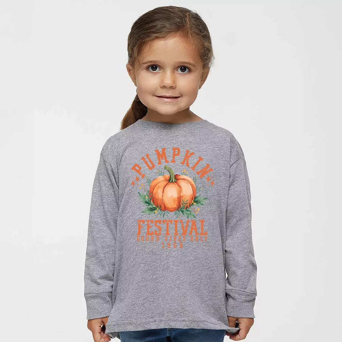 Детское футболка с длинным рукавом с принтом Pumpkin Festival Gourd Vibes The Juniper Shop, Heather Grey — фото 3