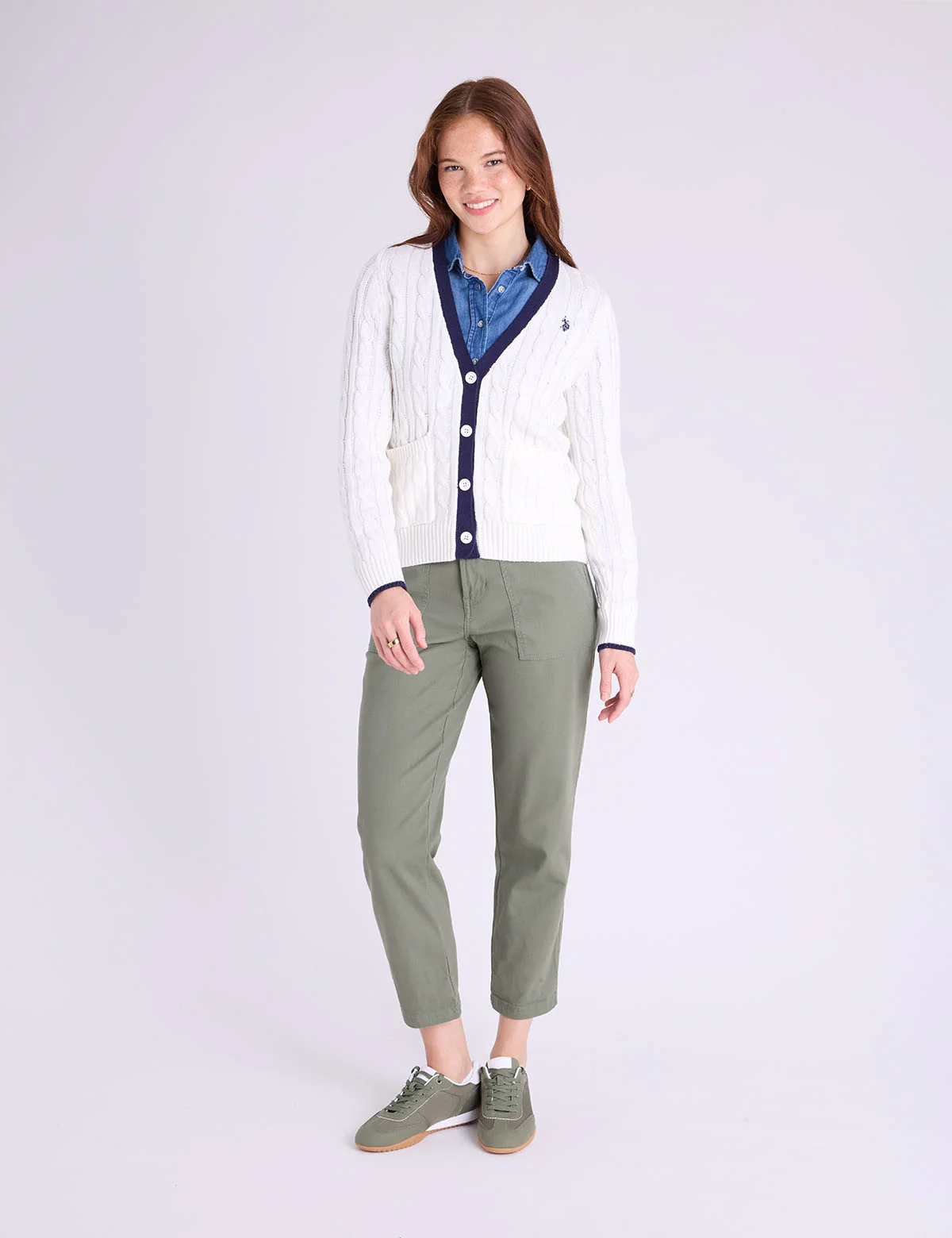 

Кардиган U.S. Polo Assn Cable Button Front, ,белый/темно-синий