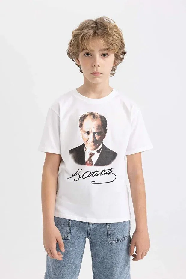 Детская футболка для мальчиков с принтом 29 October Republic Day Crew Neck Color Changing Ataturk Printed Defacto, White-Wt34 — фото 4