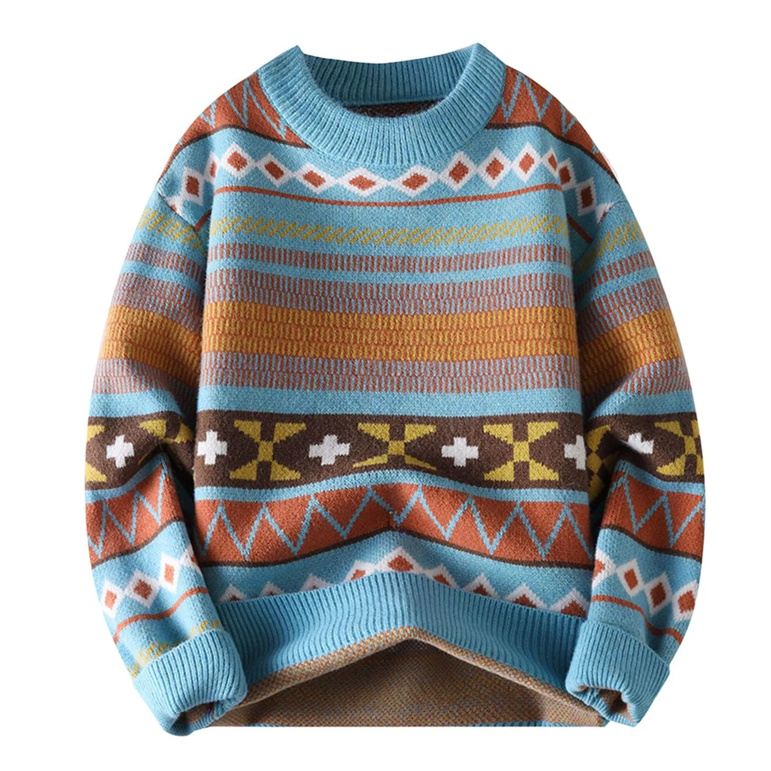 Мужской свитер с жаккардовым узором Retro Jacquard Knit Winter Sweater, 1-blu