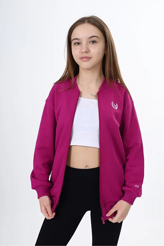 Детский кардиган для девочек с принтом Plum Girl's College Collar Zippered Pocket Low Shoulder Printed Knitted Cardigan Toontoy, Plum — фото 2