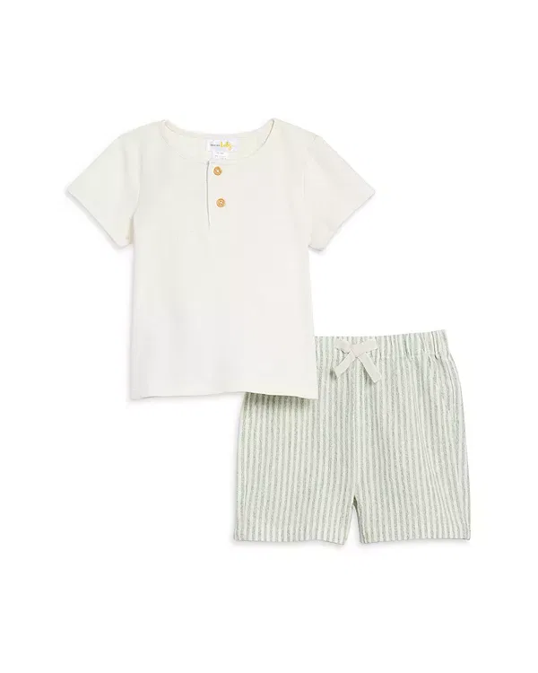 Детский комплект для мальчиков с коротким рукавом Henley & Striped Shorts Set Bloomie's Baby, White/Sage