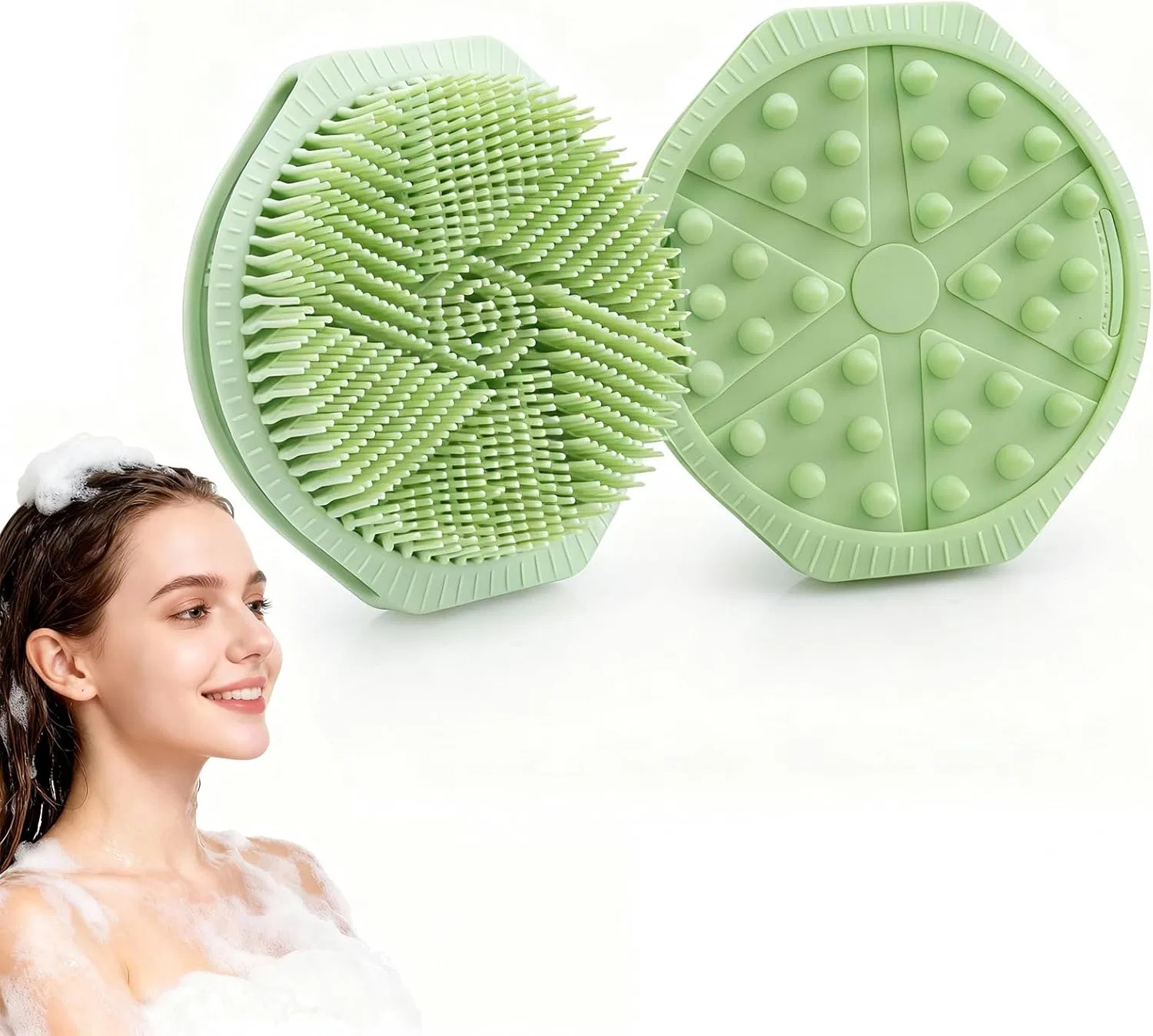Двусторонняя силиконовая щетка для тела и массажа головы Alyxen, Green