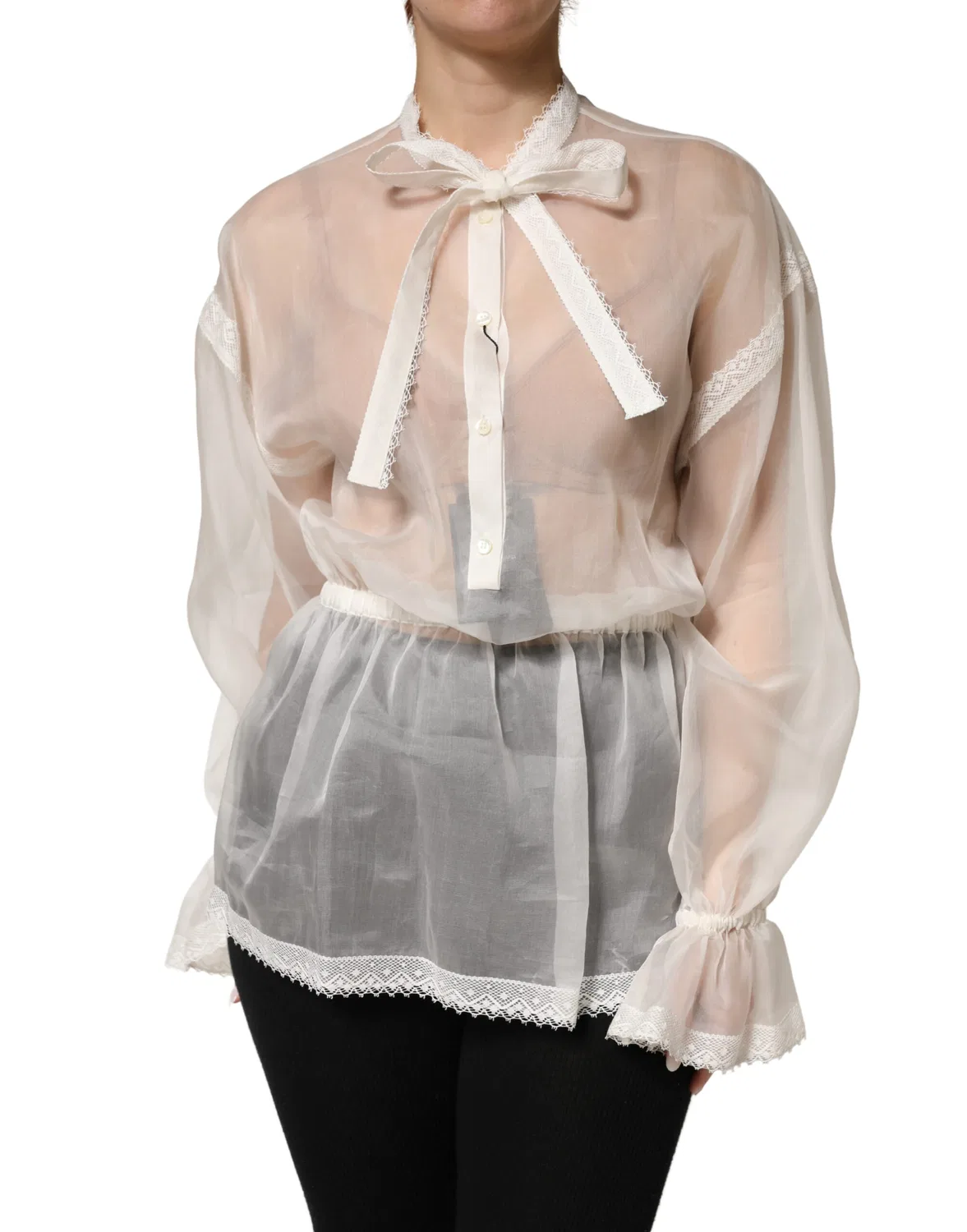 Женская прозрачная блузка с бантом-бабочкой и кружевом Sheer Blouse / Top Dolce & Gabbana, White — фото 2