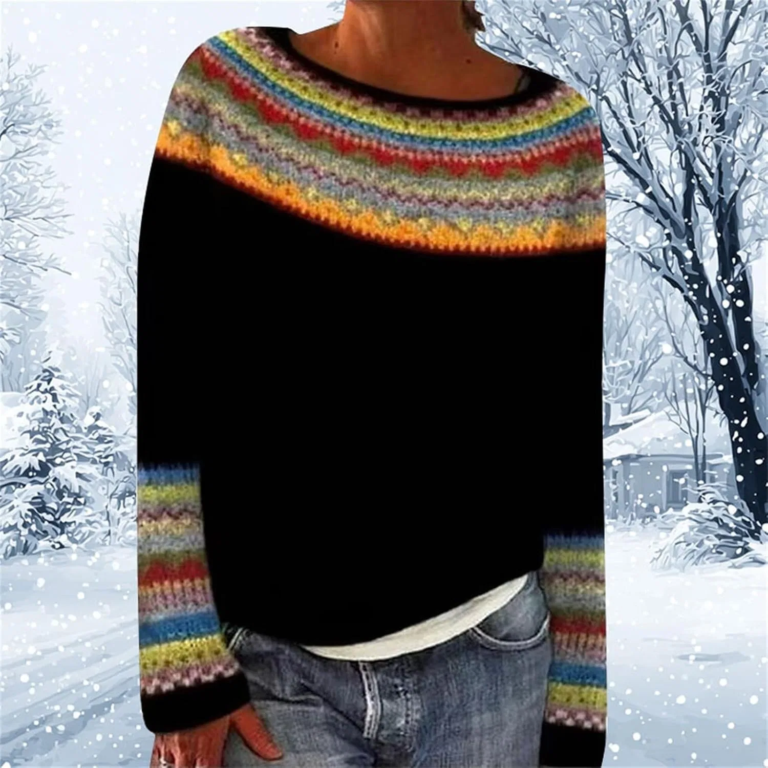 Женский свитер с принтом Fair Isle, Oversized, чёрный — фото 3