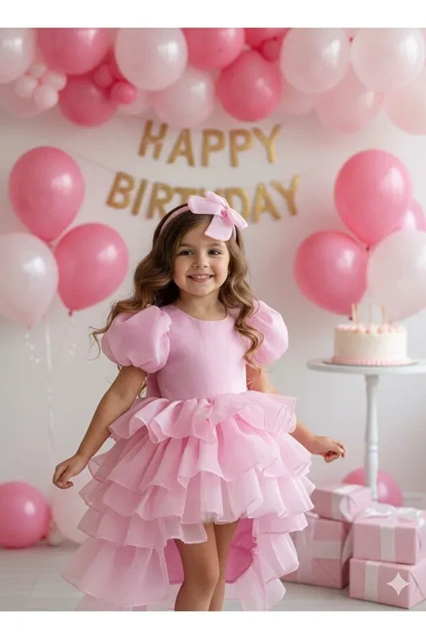 Детское вечернее платье для девочек с коротким рукавом-фонарик Mirace Styl, Pink — фото 3