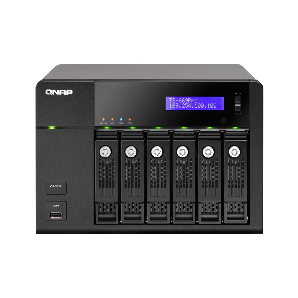 

Сетевое хранилище QNAP TS-669 Pro, 6 отсеков, 1 ГБ, без дисков, черный