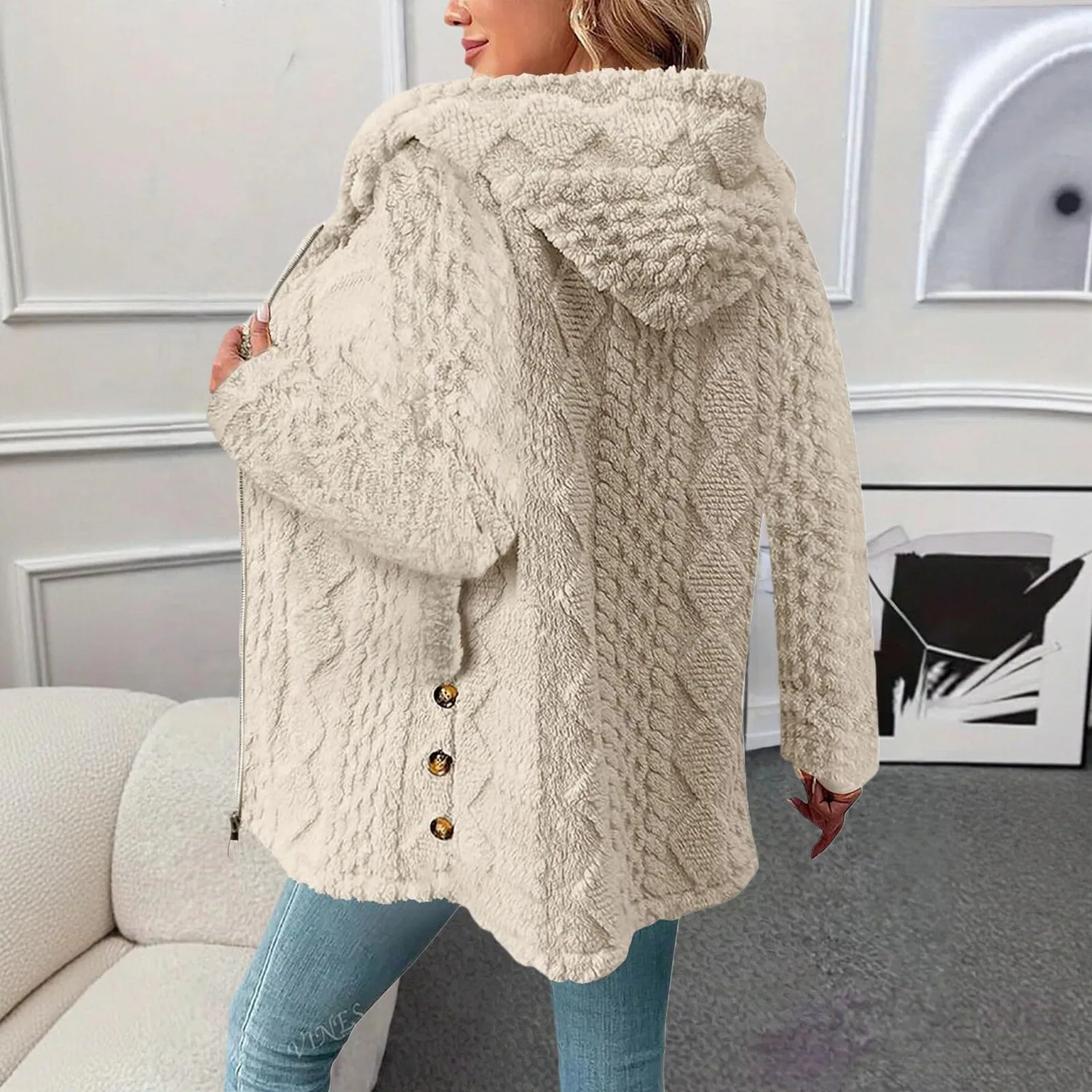 Женское пальто из флиса с принтом, модель Teddy, Beige — фото 4