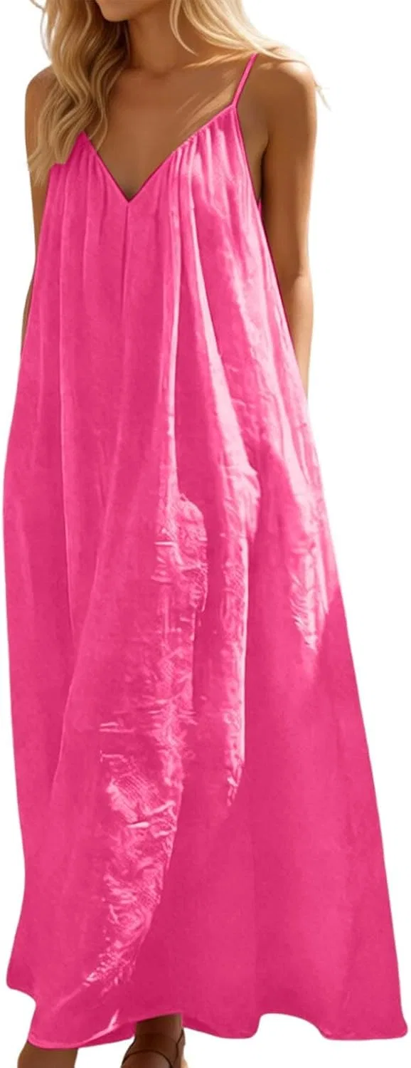 Женское повседневное платье без спинки V-образным вырезом, Hot Pink