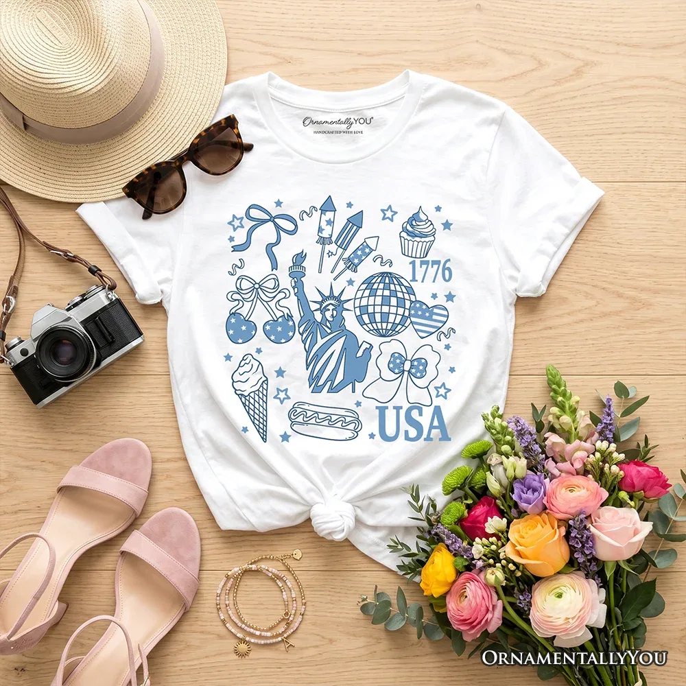 Детская футболка для девочек с принтом USA Liberty Retro Coquette 1776 OrnamentallyYou, White