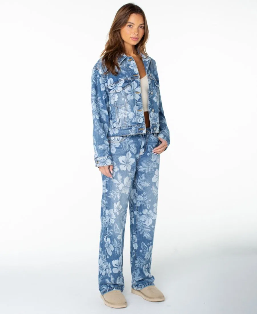 Джинсовая куртка-кроп с цветочным принтом Big Tide Roxy, Flora Fade Print Denim Wash — фото 3