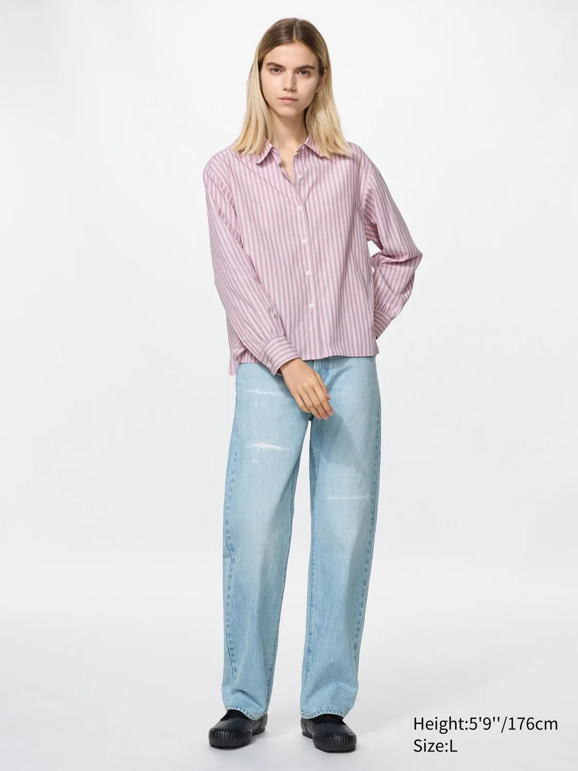 Рубашка хлопковая Uniqlo, с объемными рукавами в полоску, розовый — фото 2