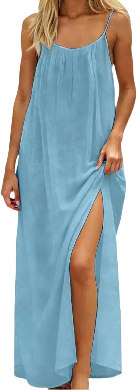 Женское летнее сарафан-макси с открытой спиной на тонких бретелях, Light Blue