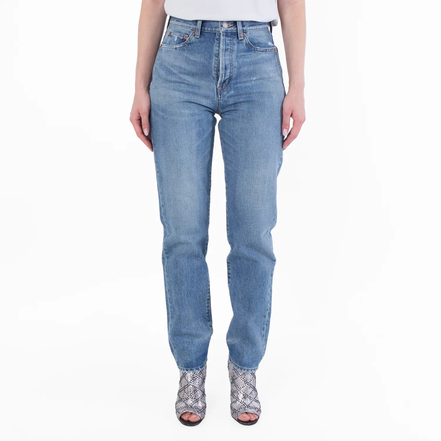 Джинсы скинни с потертостями Womens Slim Fit Denim Jeans Saint Laurent, Charlotte Blue