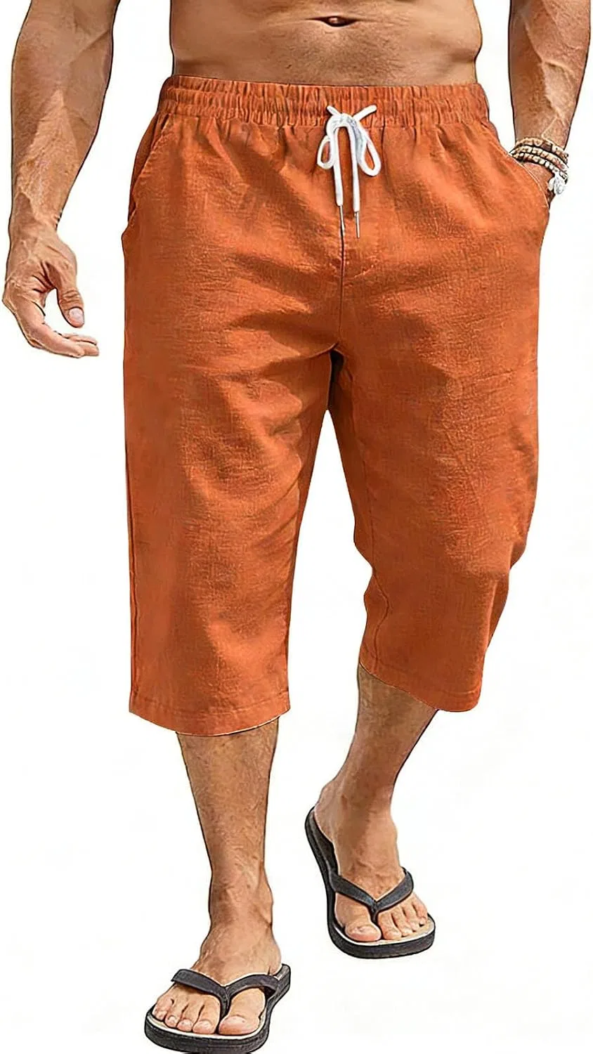 Мужские льняные брюки-капри Casual с эластичным поясом Orange — фото 3