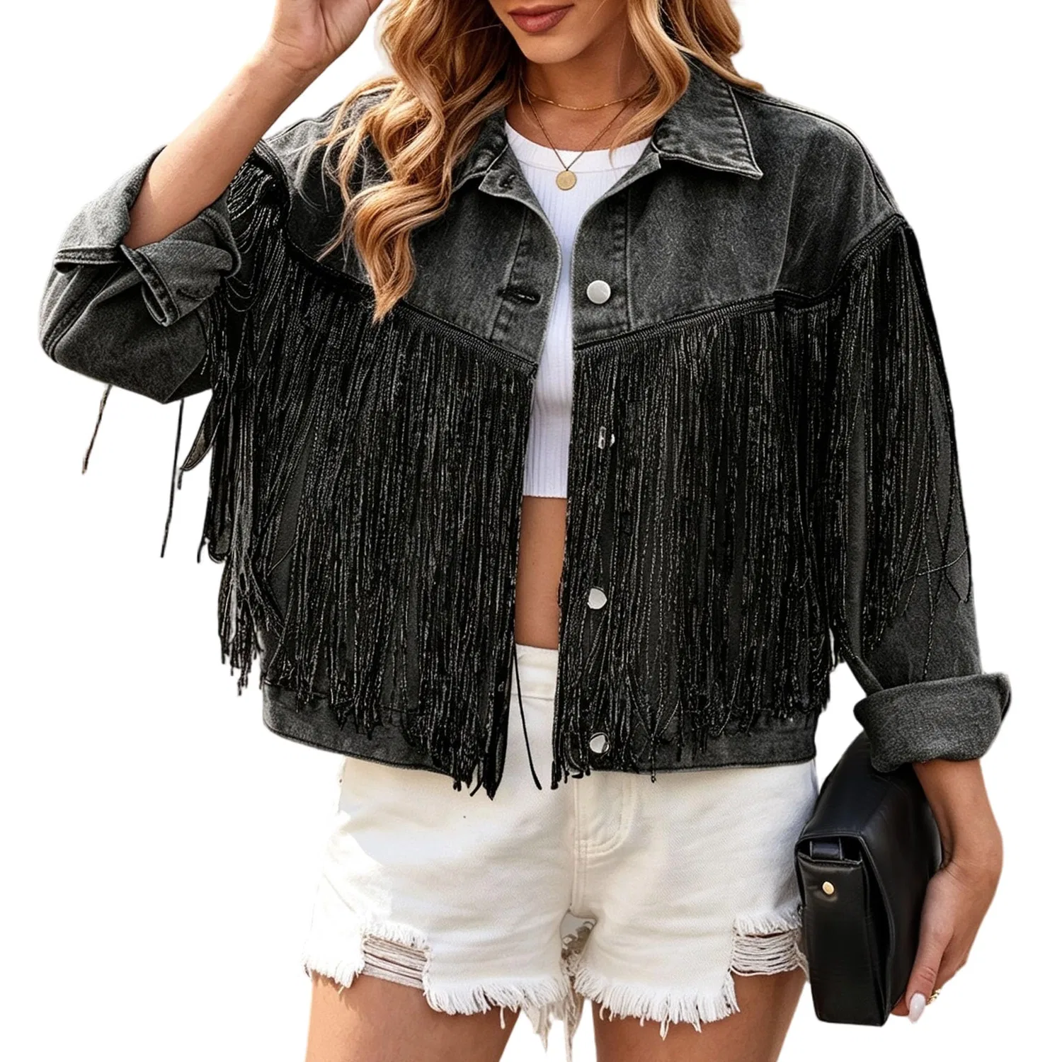 Женская джинсовая куртка с бахромой Jean Trucker Coat, Nero