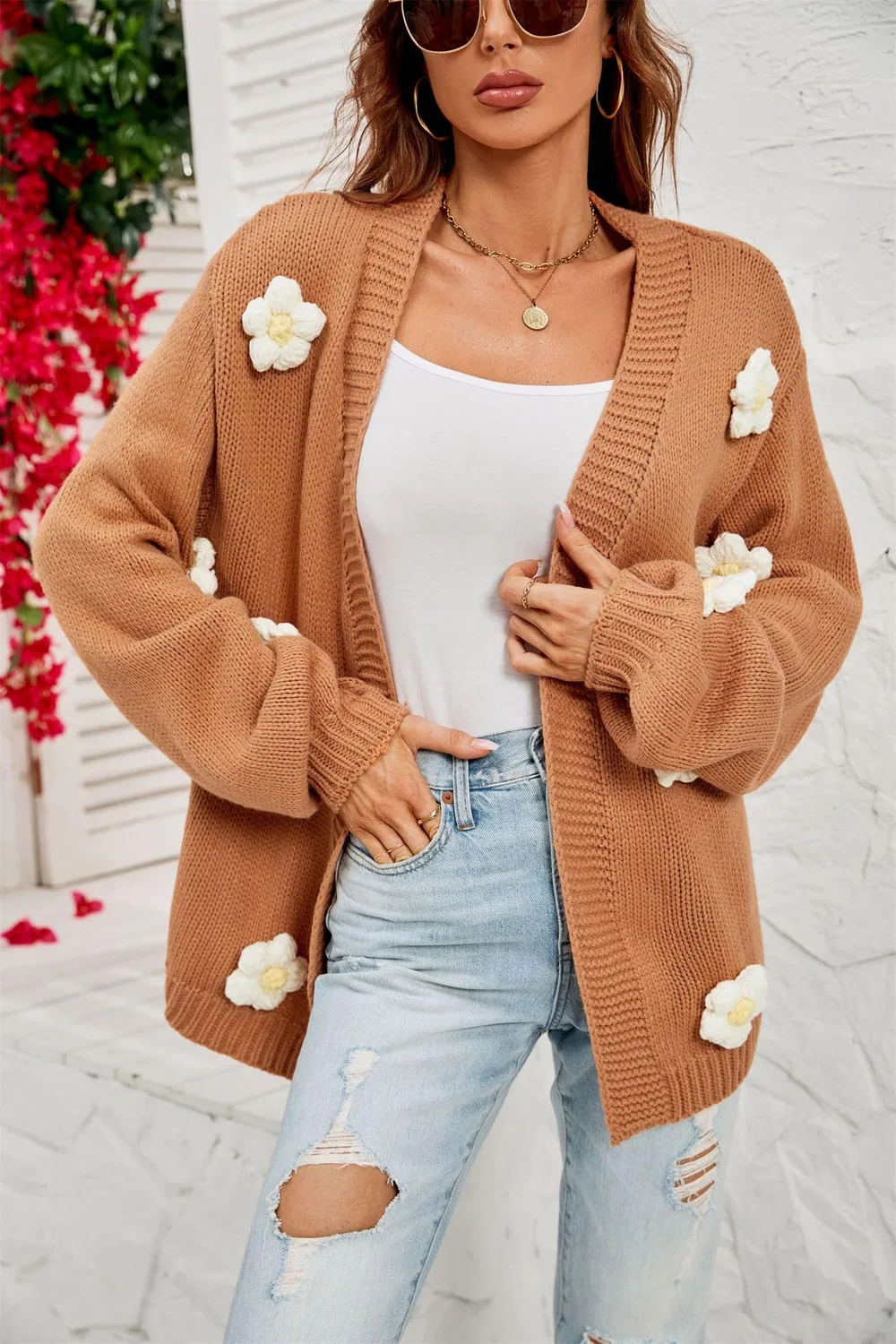 Женский кардиган с цветочным принтом, укороченный, с открытым передом, Vintage Preppy Aesthetic, Khaki — фото 2