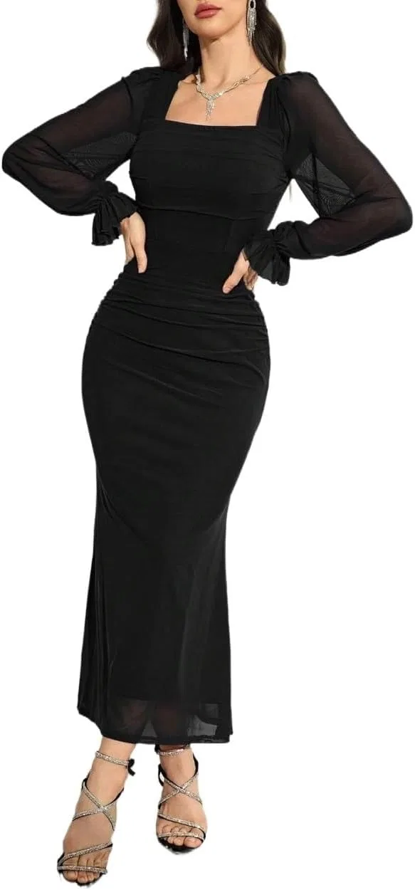 Женское макси-платье с длинным рукавом сетка Bodycon, Black