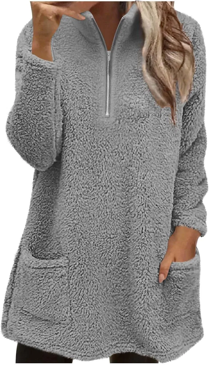 Женский свитшот из флиса с воротником-стойкой и четвертью молнией, модель Oversized, цвет Gray