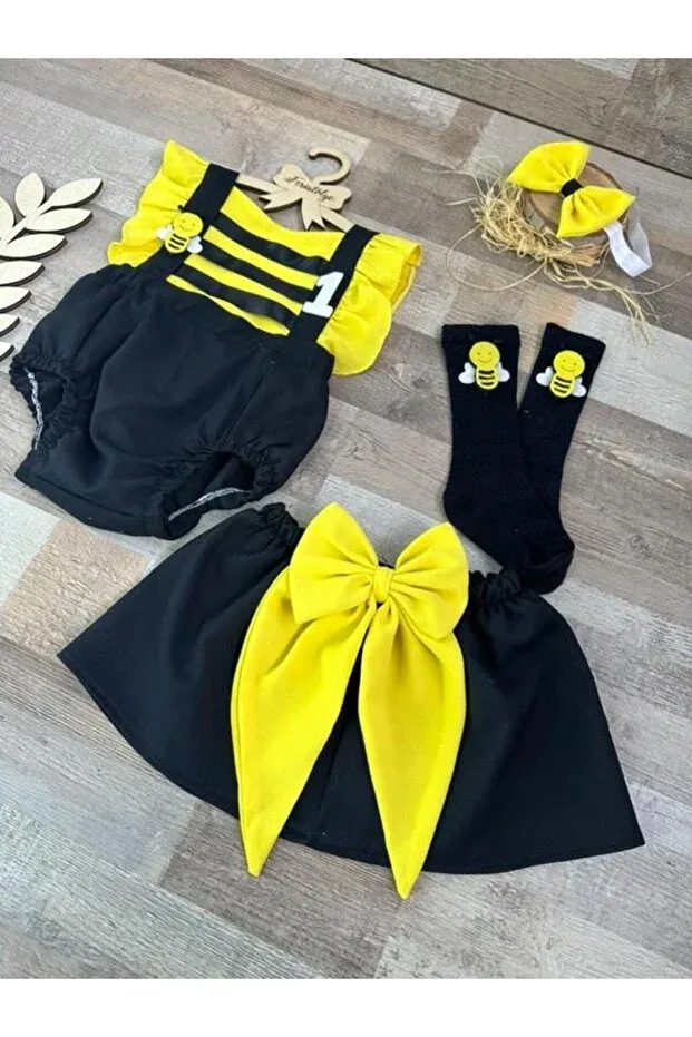 Детское боди-комбинезон для девочек с принтом Handmade bee concept baby girl romper skirt buckle socks set Feriatolye, Black — фото 4