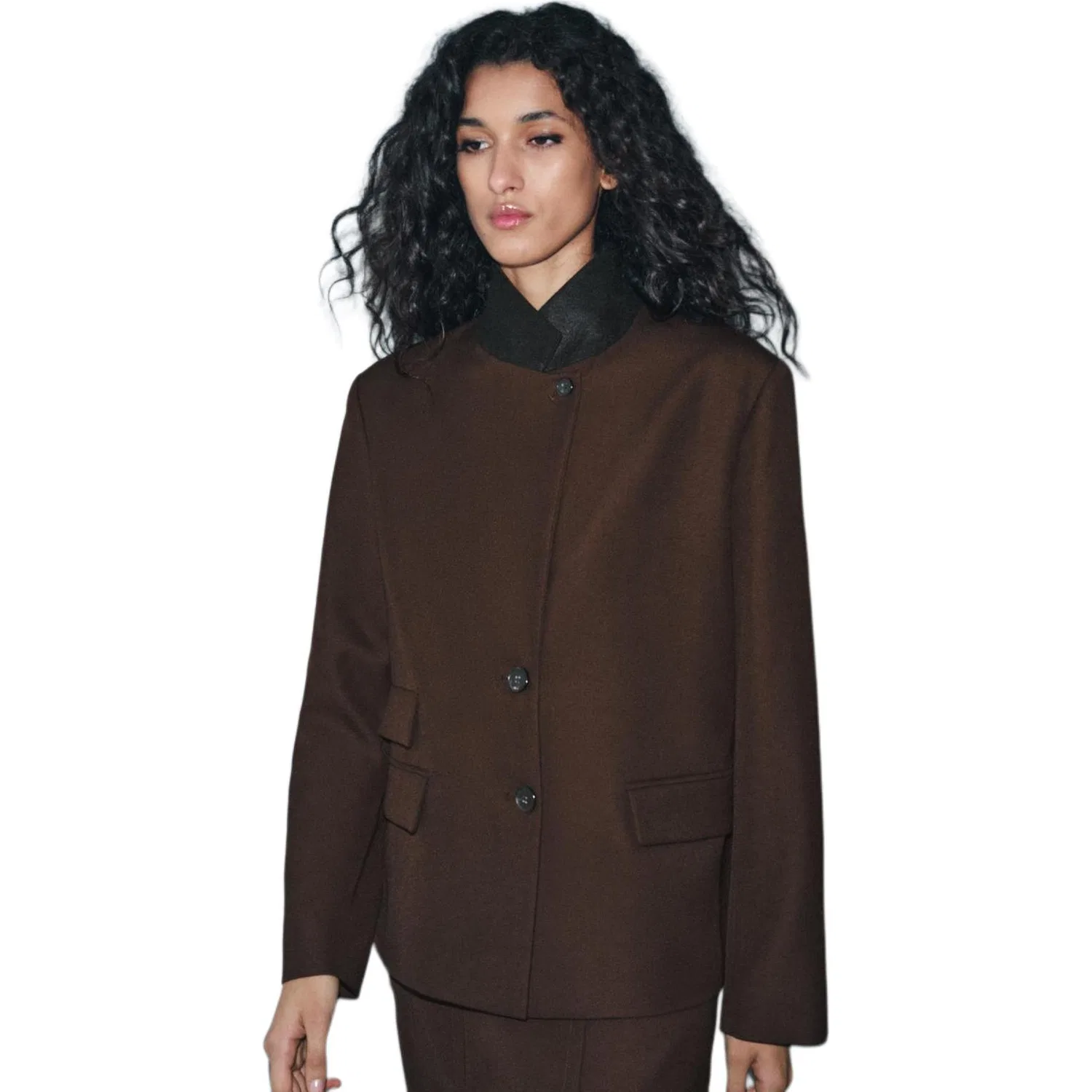 Женский деловой костюм со стойкой, коричневый, ZARA, Brown — фото 4