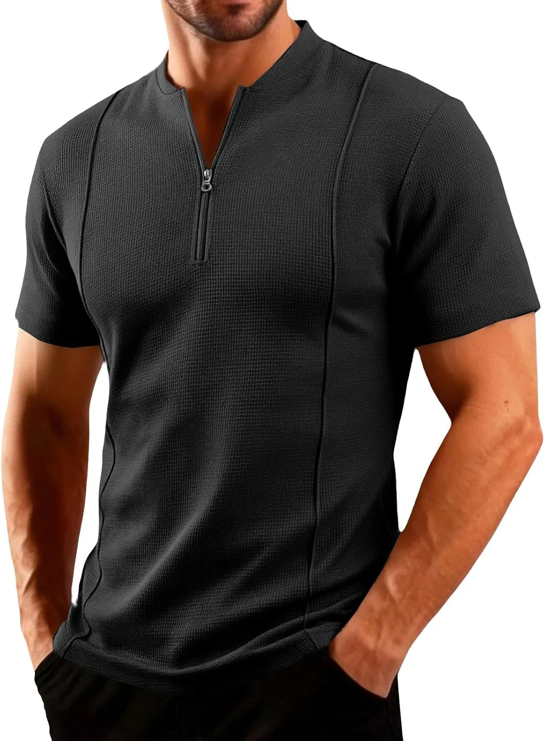 Мужская футболка с коротким рукавом Quarter Zip Slim Fit Textured Polo, Black