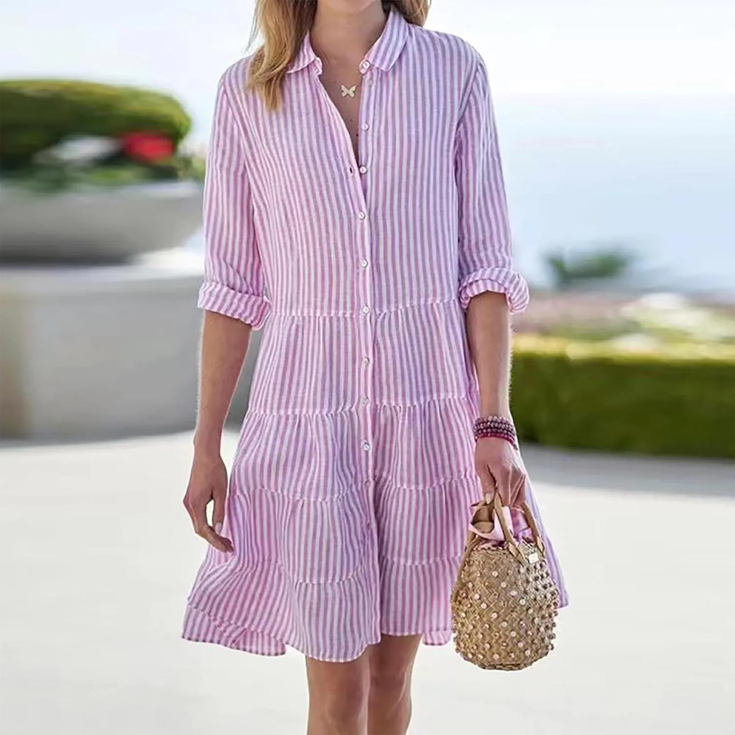 Женское повседневное платье с запахом, в полоску, Button Down Dress, Pink — фото 2