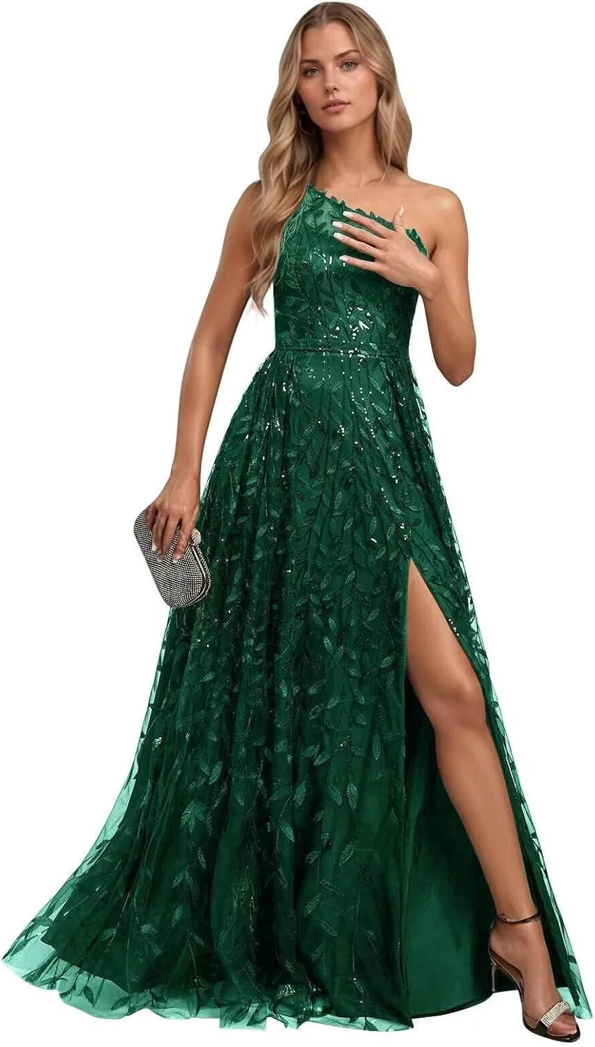 Женское вечернее платье с одним плечом с пайетками MJ143, Emerald Green