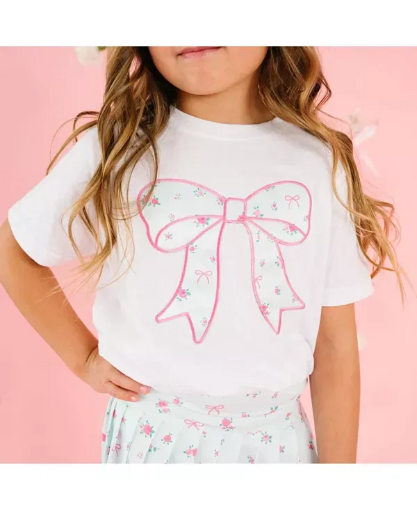 Детская футболка для девочек с принтом Sky Floral Bow Patch Sweet Wink, белый — фото 3