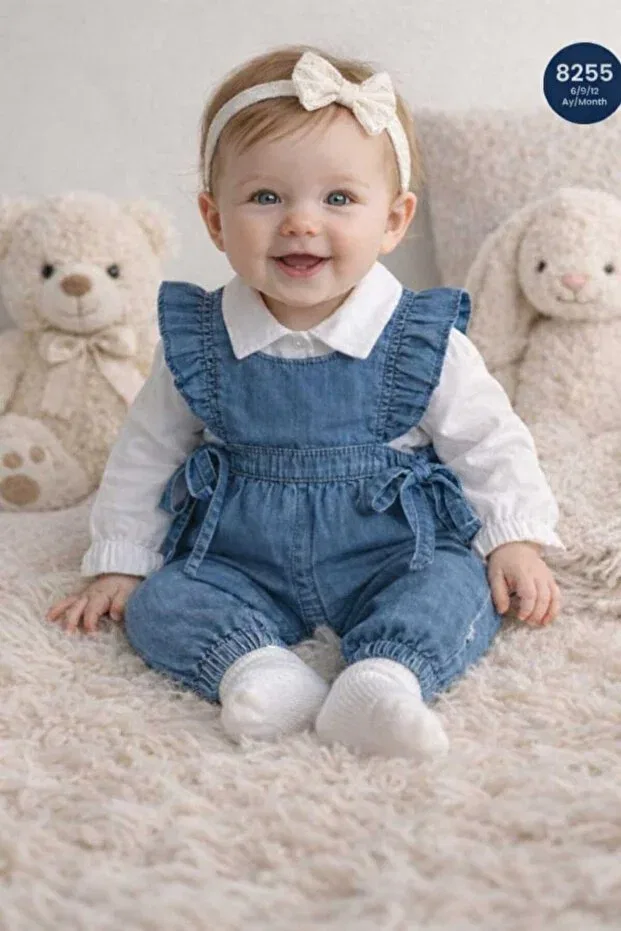 Детский джинсовый комбинезон для малышей с длинным рукавом Unez Baby Denim Bow Salopet Set Jolly Joy, Navy Blue