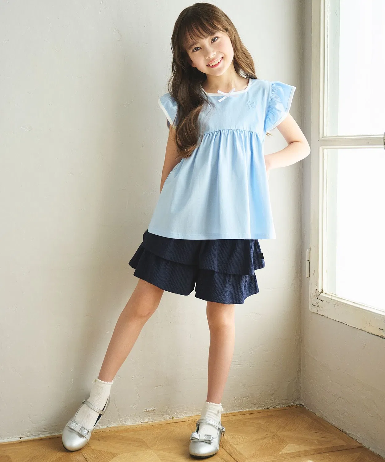 Детские шорты-кюлоты из джерси с рюшами, модель Sakka Jersey Kumikyoku KIDS, Sax Blue — фото 4