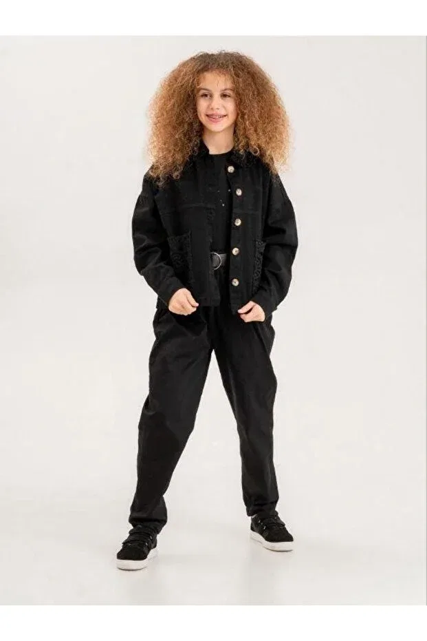 Детское джинсовая куртка для девочек с длинным рукавом Zekids, Black