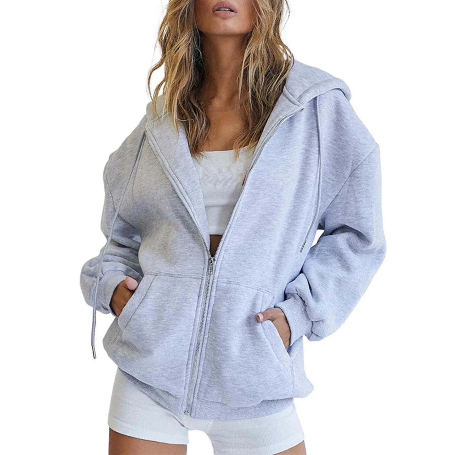 Женская куртка oversize с капюшоном и карманами, длинная, на молнии, Grigio