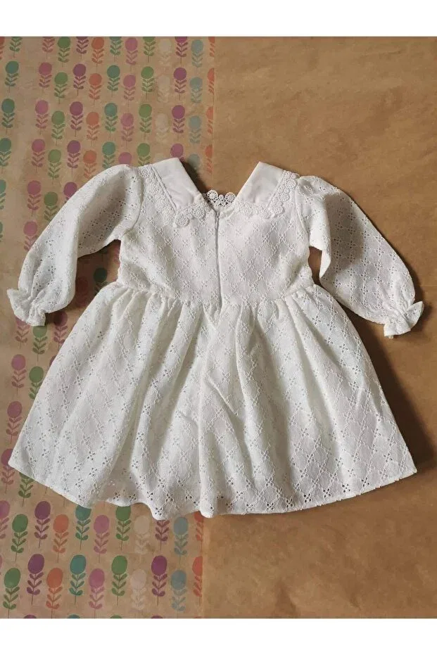 Детское платье для девочек кружевное Scallop fabric collar detailed long sleeve white girl's dress Generic Brands, White — фото 2