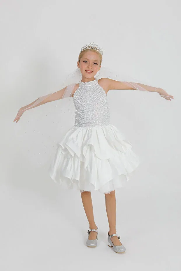 Детское платье для девочек с жемчугом Pearl-Embellished evening gown Star Pearl Kids, White