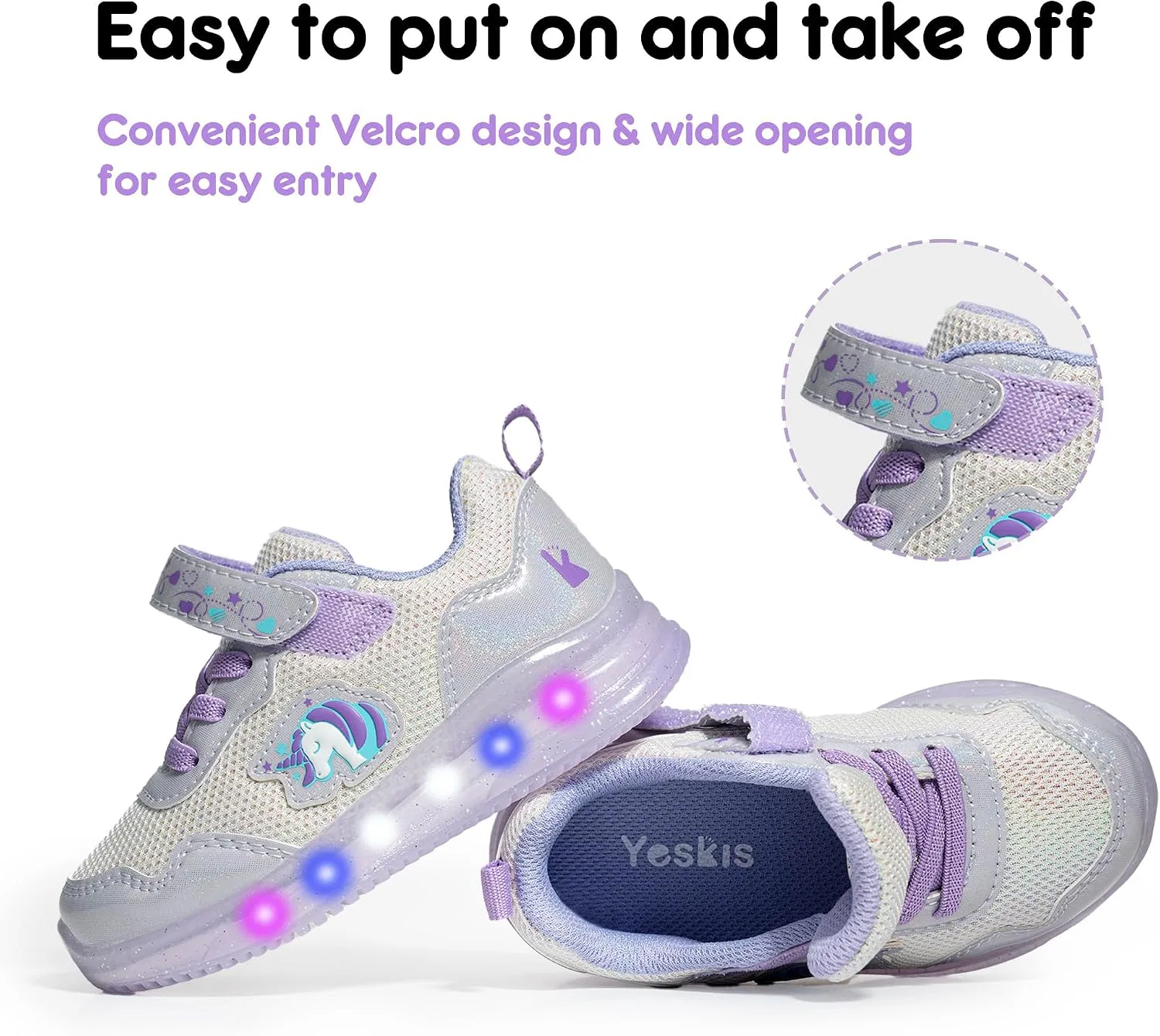 Детские кроссовки для девочек со светящейся подошвой YESKIS, White Purple Light Up Shoes — фото 4