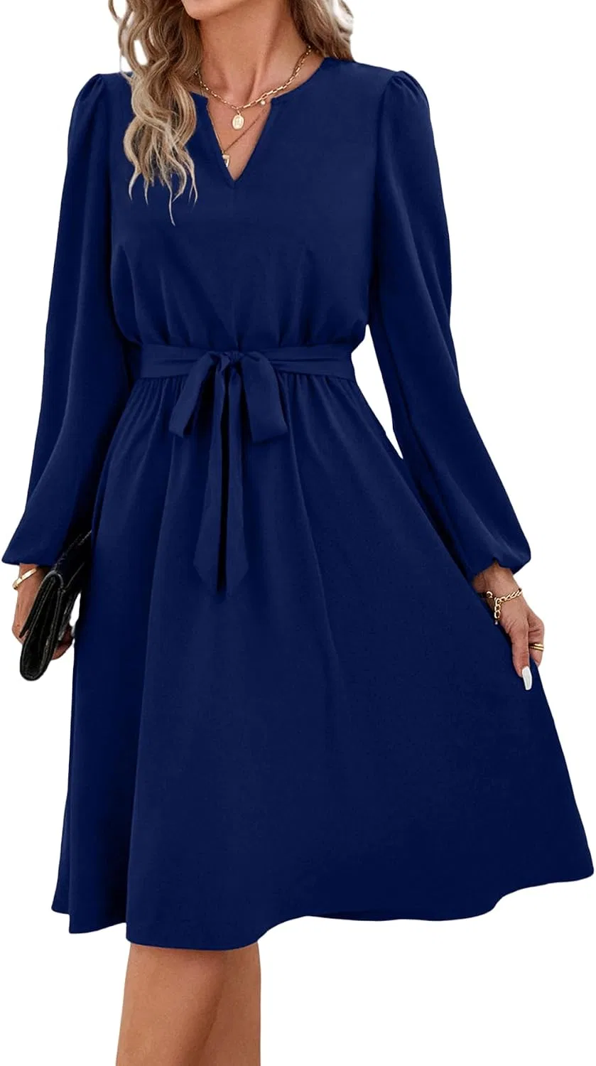 Женское платье с воротником V и поясом, Navy Blue