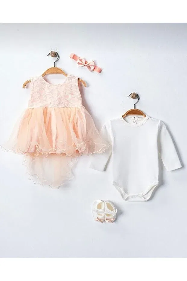 Детский комплект для девочек без рукавов 4-piece Mevlüt Dress Cherub Baby, Salmon — фото 2