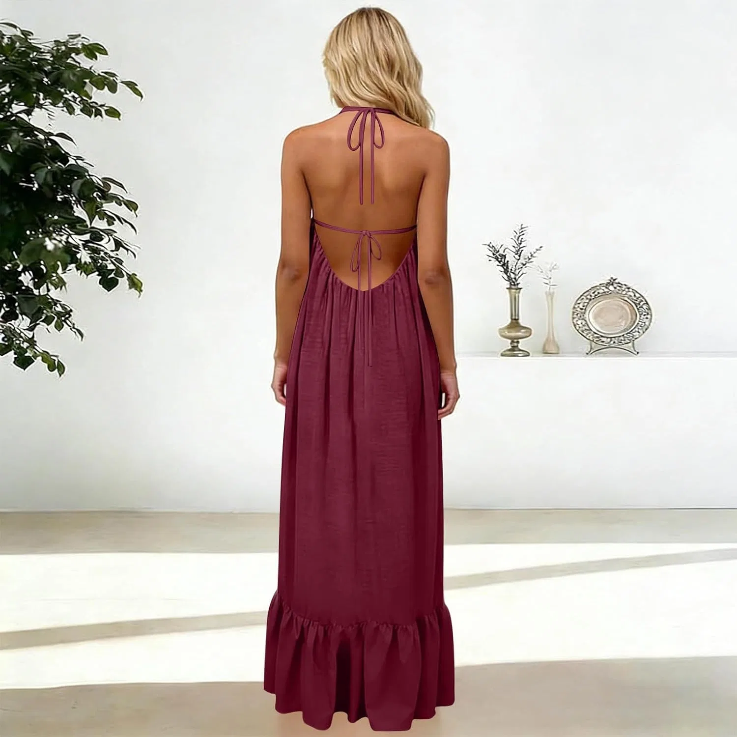 Женское летнее макси-платье с открытой спиной Backless Cami Dress, Wine — фото 3